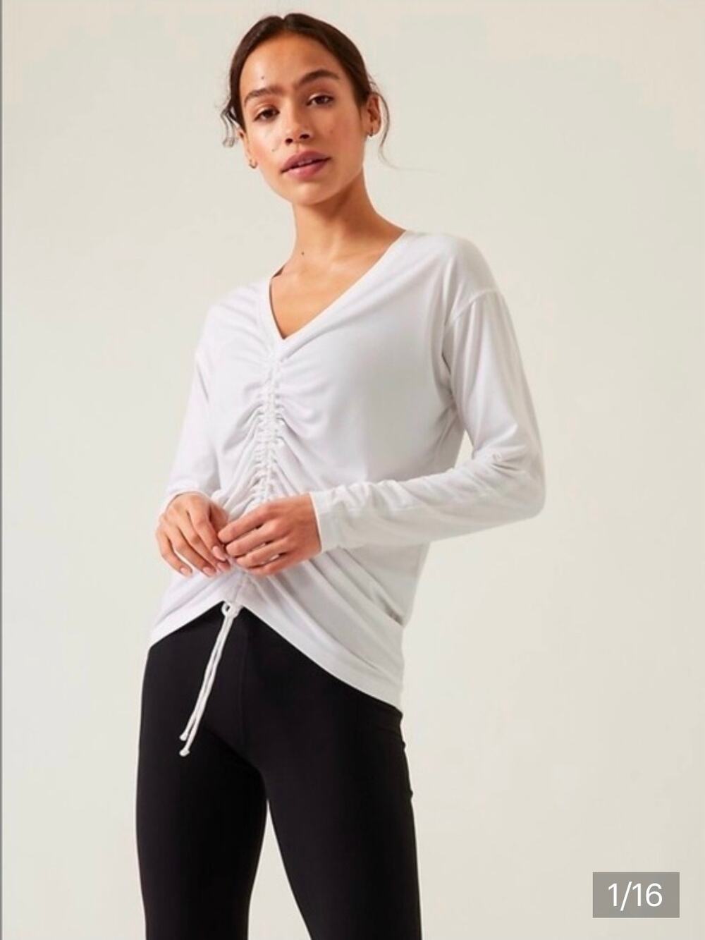 Athleta Crossover Ruched Top White Size Large Long Sleeve Cinch Drawstring
